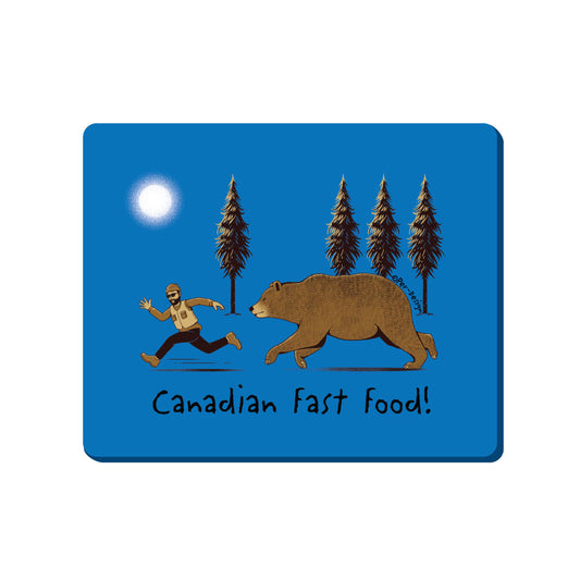 Product Image – GGS Canadian Magnet - Canadian Fast Food: Blue with man chased by bear, "Canadian Fast Food!" illustration.
