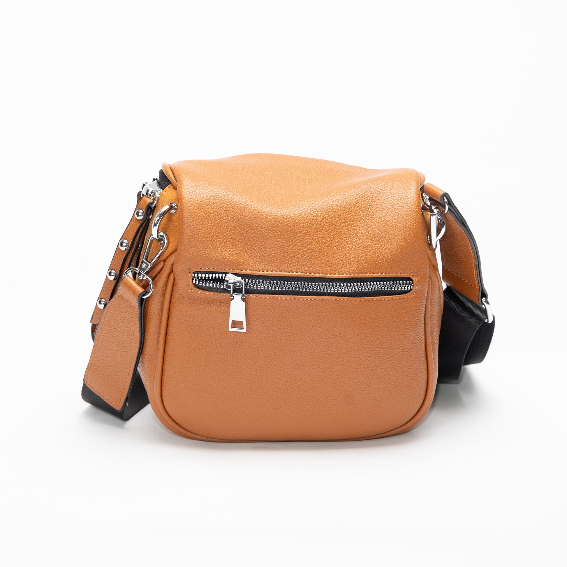 Miss Caprice Clara Crossbody in tan faux leather with zippered compartments and silver hardware on display.