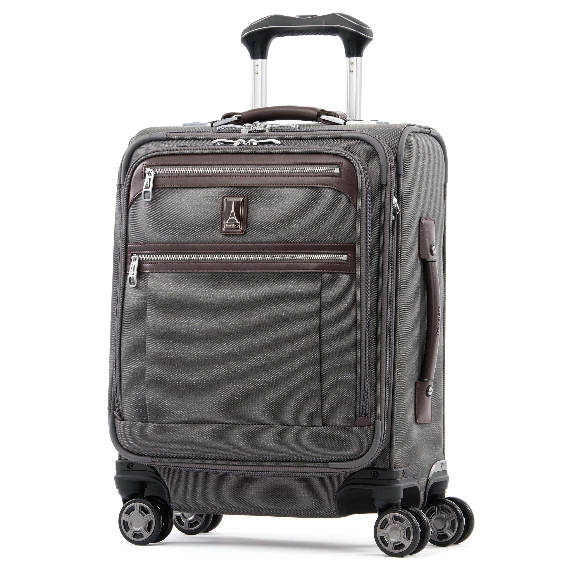 Travelpro® Platinum® Elite International Expandable Carry-on Spinner, vintage grey with brown leather details, front angled view