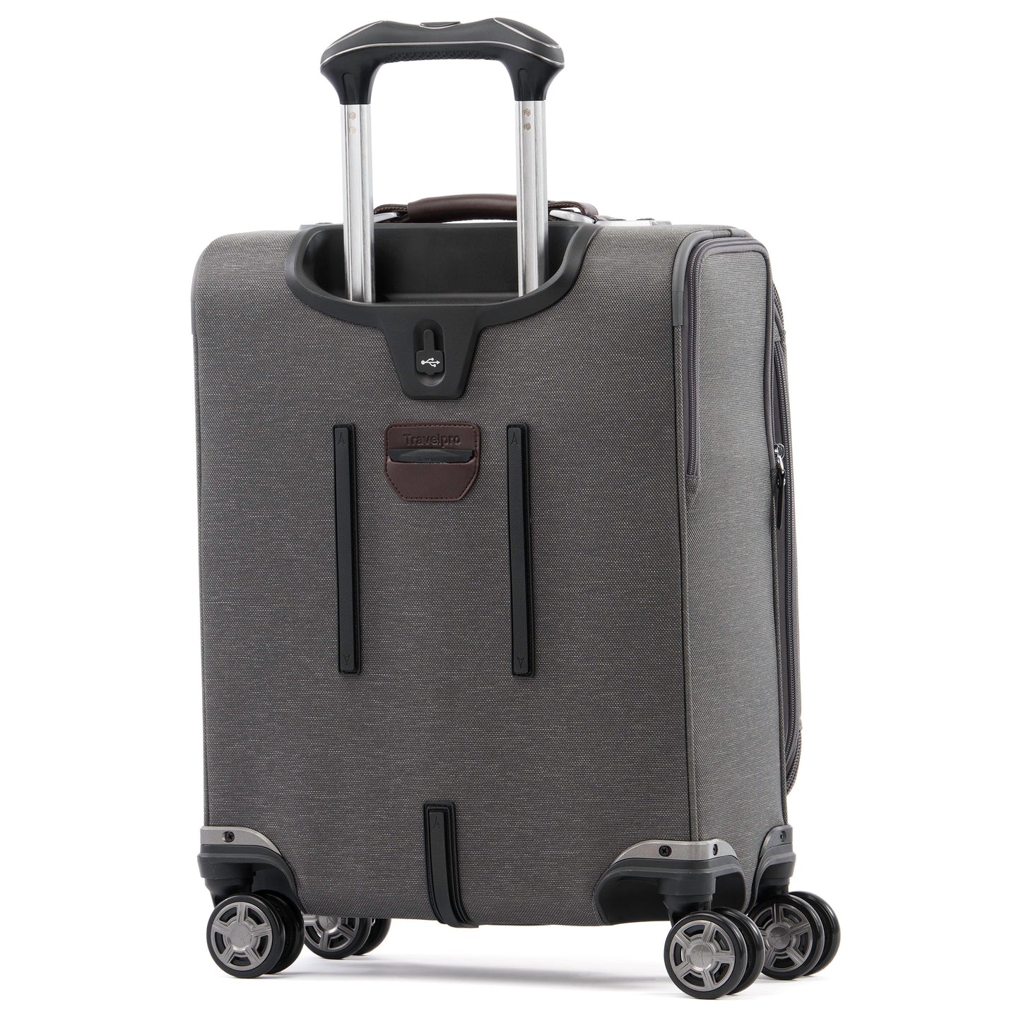 Travelpro® Platinum® Elite International Expandable Carry-on Spinner, vintage grey with brown leather details, back angled view