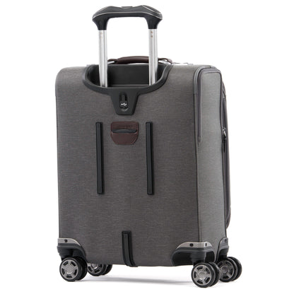 Travelpro® Platinum® Elite International Expandable Carry-on Spinner, vintage grey with brown leather details, back angled view