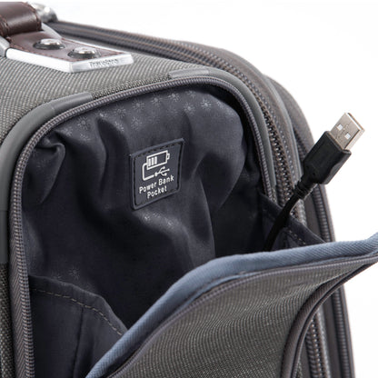 Close up of power bank pocket on the vintage grey Travelpro® Platinum® Elite International Expandable Carry-on Spinner