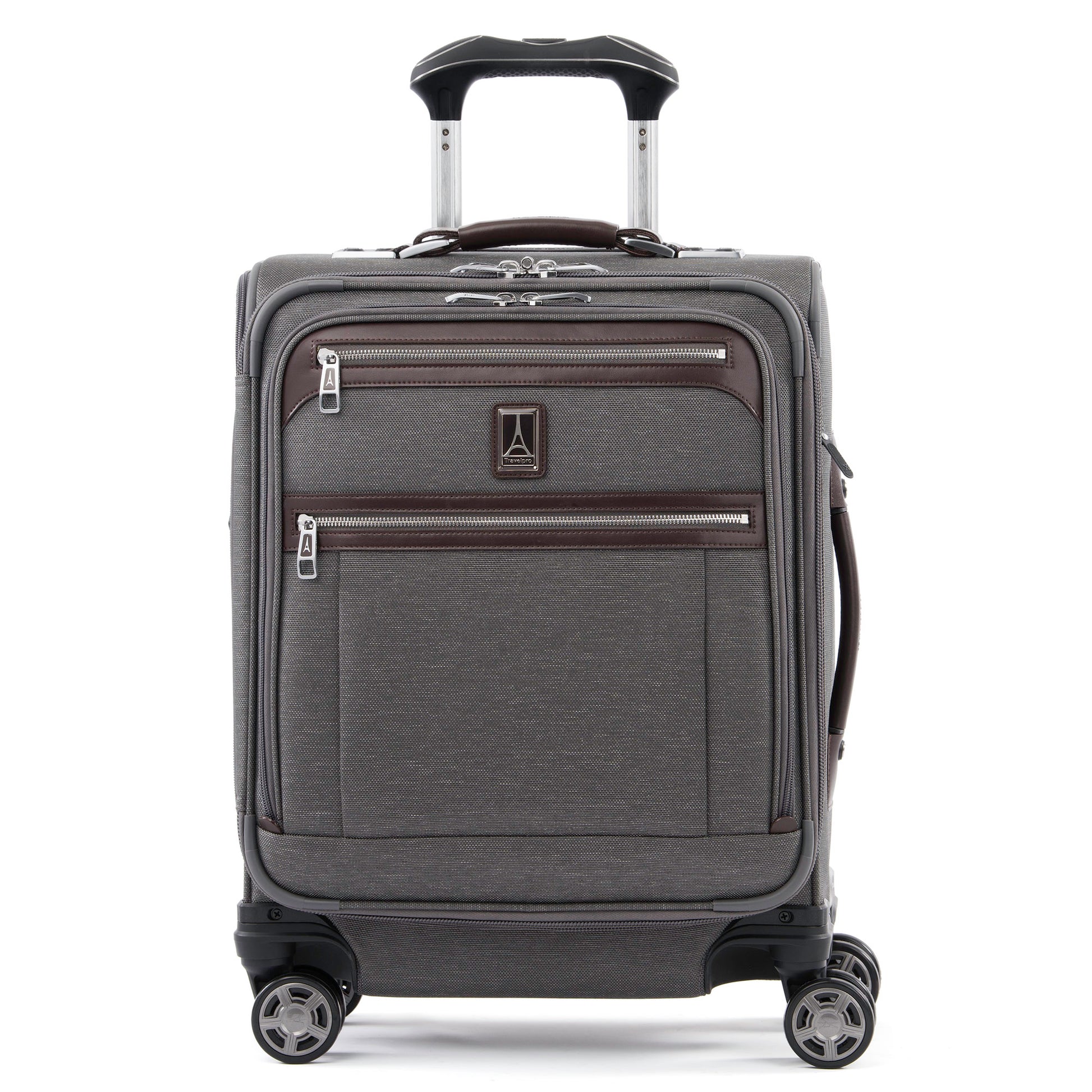 Travelpro® Platinum® Elite International Expandable Carry-on Spinner, vintage grey with brown leather details, front view