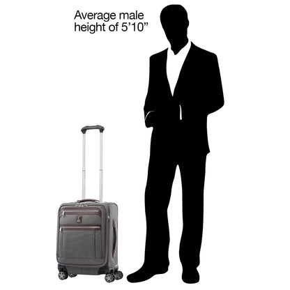 Travelpro® Platinum® Elite International Expandable Carry-on Spinner, vintage grey beside a silhouette image of an average height 5'10" male to show scale