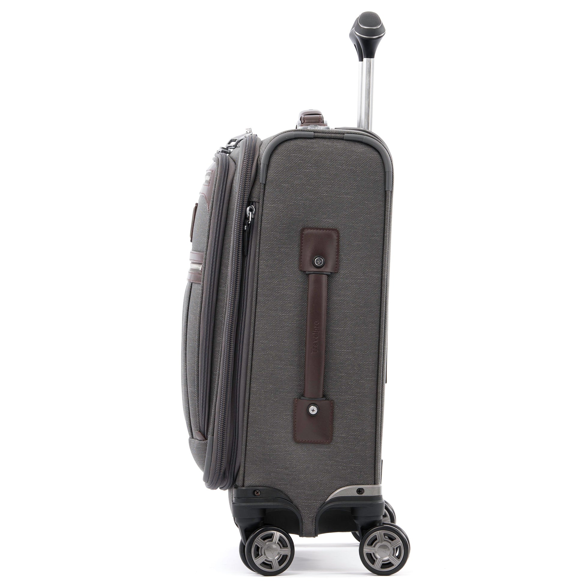 Travelpro® Platinum® Elite International Expandable Carry-on Spinner, vintage grey with brown leather side handle, side view