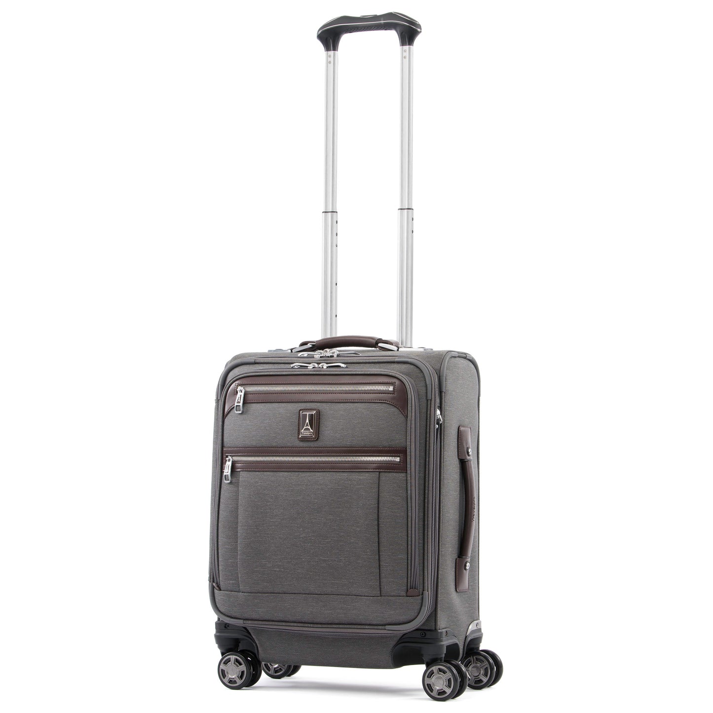 Travelpro® Platinum® Elite International Expandable Carry-on Spinner, vintage grey with brown leather details, front angled view with telescopic handle extended