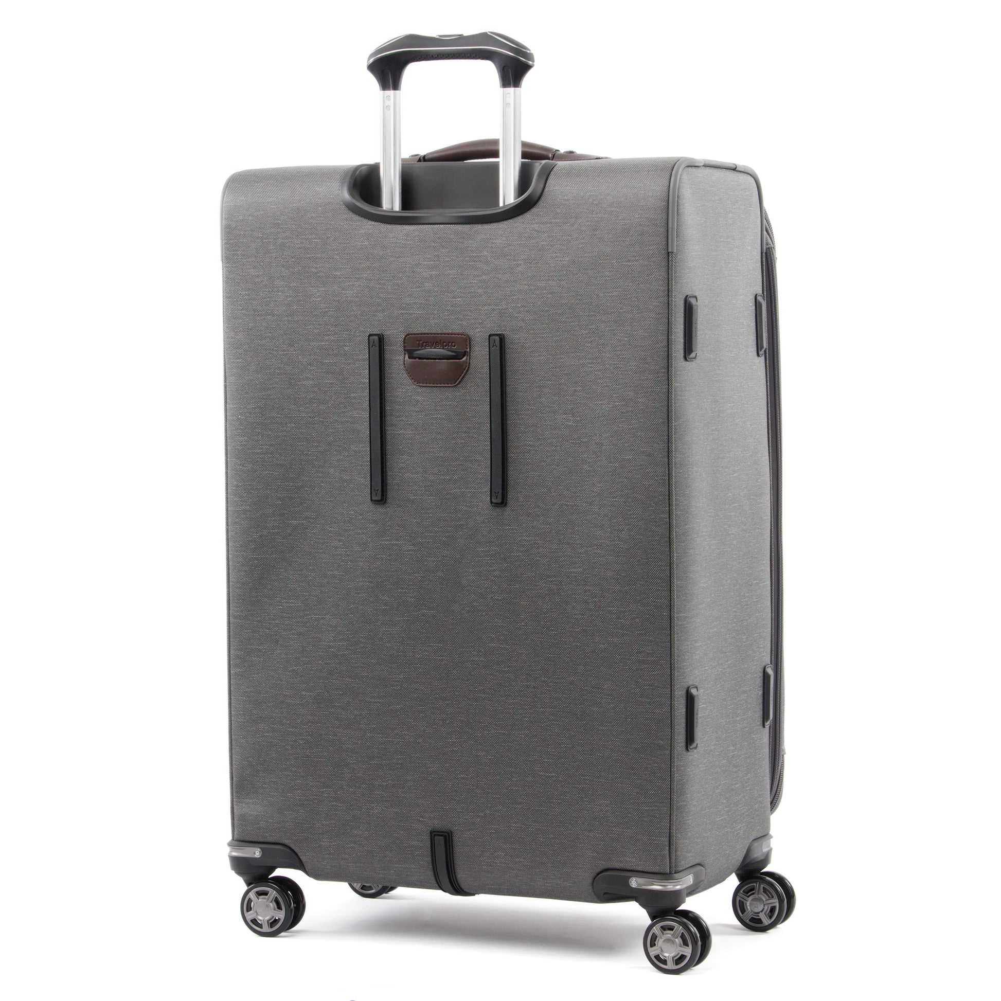 Travelpro® Platinum® Elite 29" Expandable Spinner, vintage grey with brown leather details, back angled view