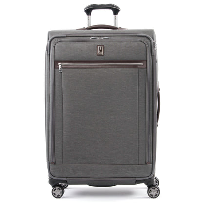 Travelpro® Platinum® Elite 29" Expandable Spinner, vintage grey with brown leather details, front view