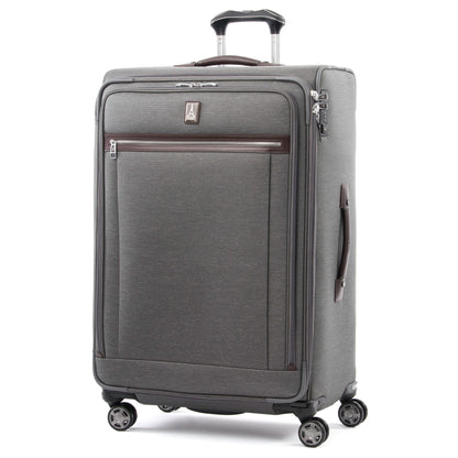 Travelpro® Platinum® Elite 29" Expandable Spinner, vintage grey with brown leather details, front angled view