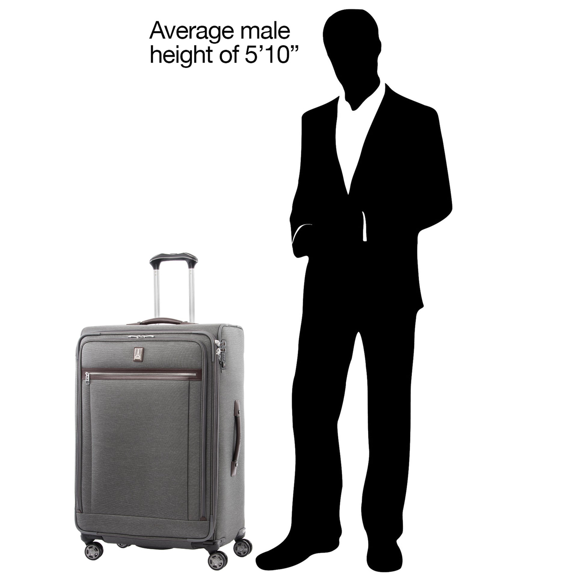 Travelpro® Platinum® Elite 29" Expandable Spinner, vintage grey beside a silhouette image of an average height 5'10" male to show scale