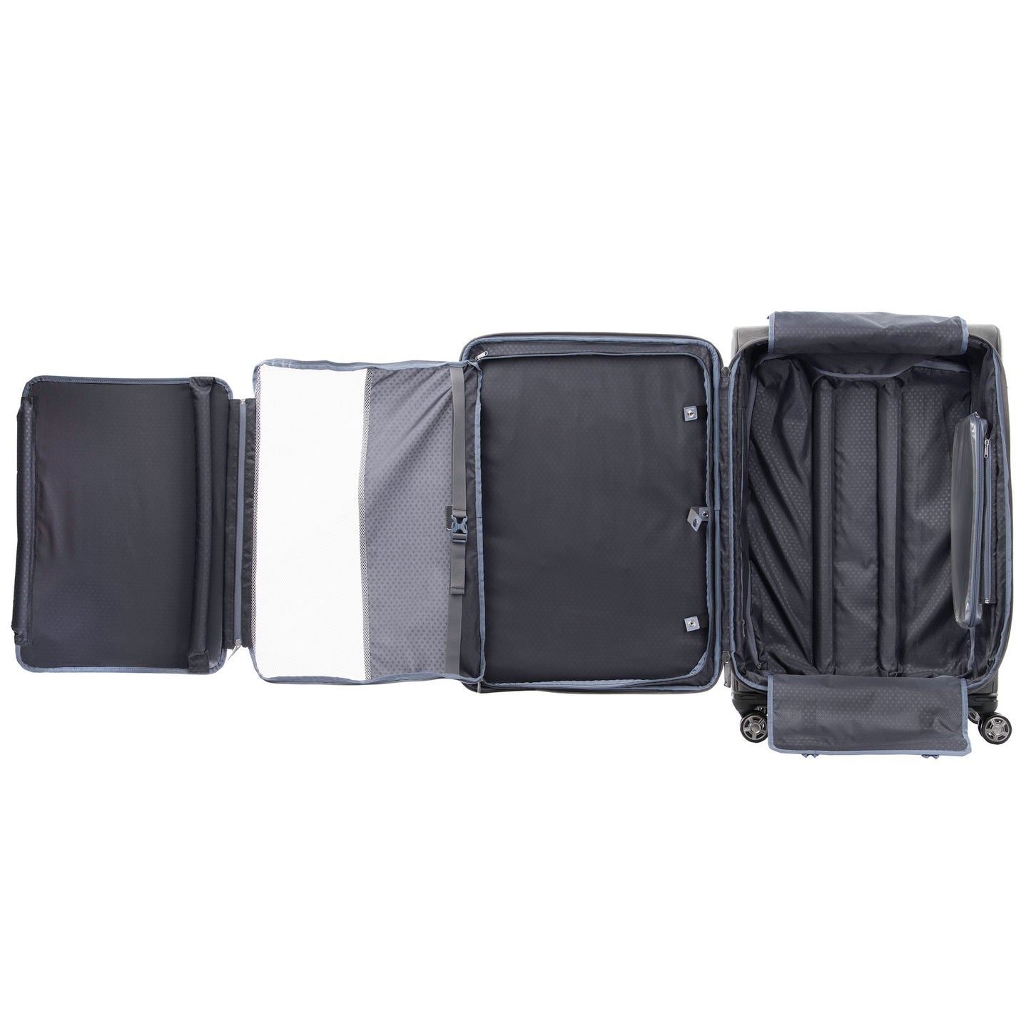 Travelpro® Platinum® Elite 29" Expandable Spinner, vintage grey, open view with interior organization pieces pulled out