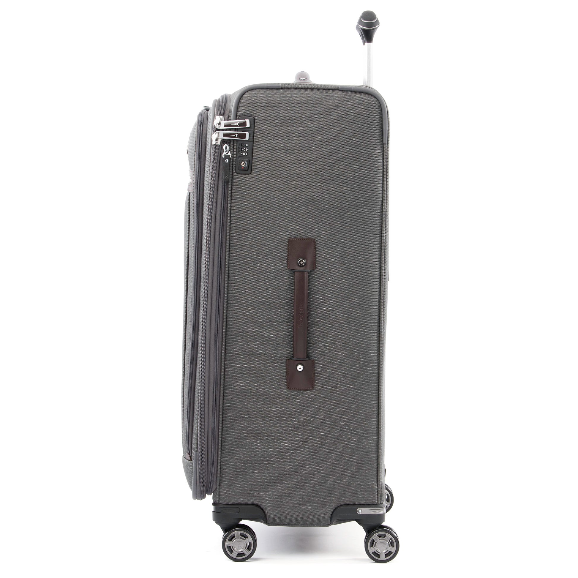 Travelpro® Platinum® Elite 29" Expandable Spinner, vintage grey with brown leather details and side handle, side view