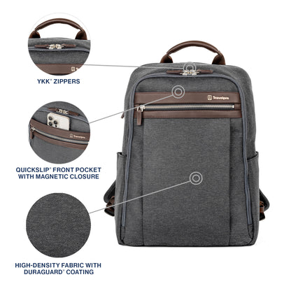 Travelpro® Platinum® Elite Slim Backpack, vintage grey with brown leather details, front view with pop out close ups of YKK zippers, quickslip front pocket, and fabric texture