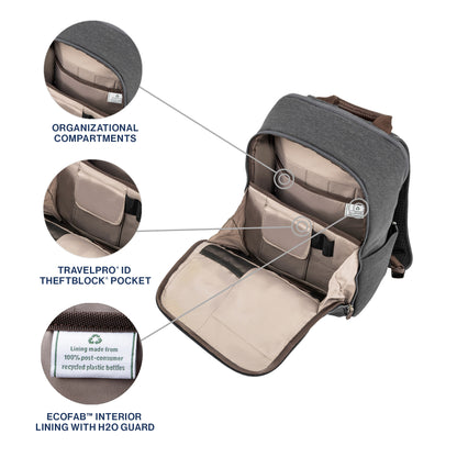 Travelpro® Platinum® Elite Slim Backpack, vintage grey with brown leather details, open view with pop out close ups of organizational compartments, ID theftblock pocket, and recycled interior lining