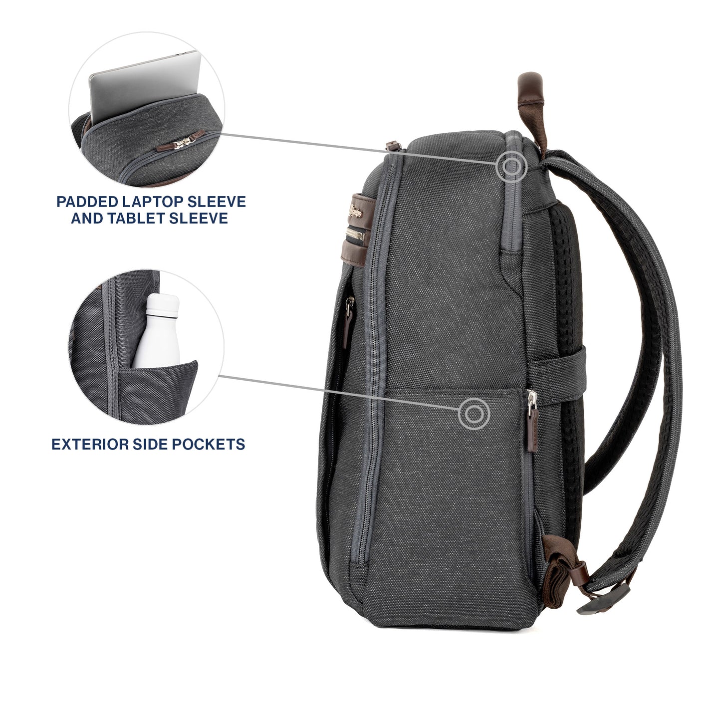 Travelpro® Platinum® Elite Slim Backpack, vintage grey with brown leather details, side view with pop out close ups of the padded laptop sleeve and exterior side pockets