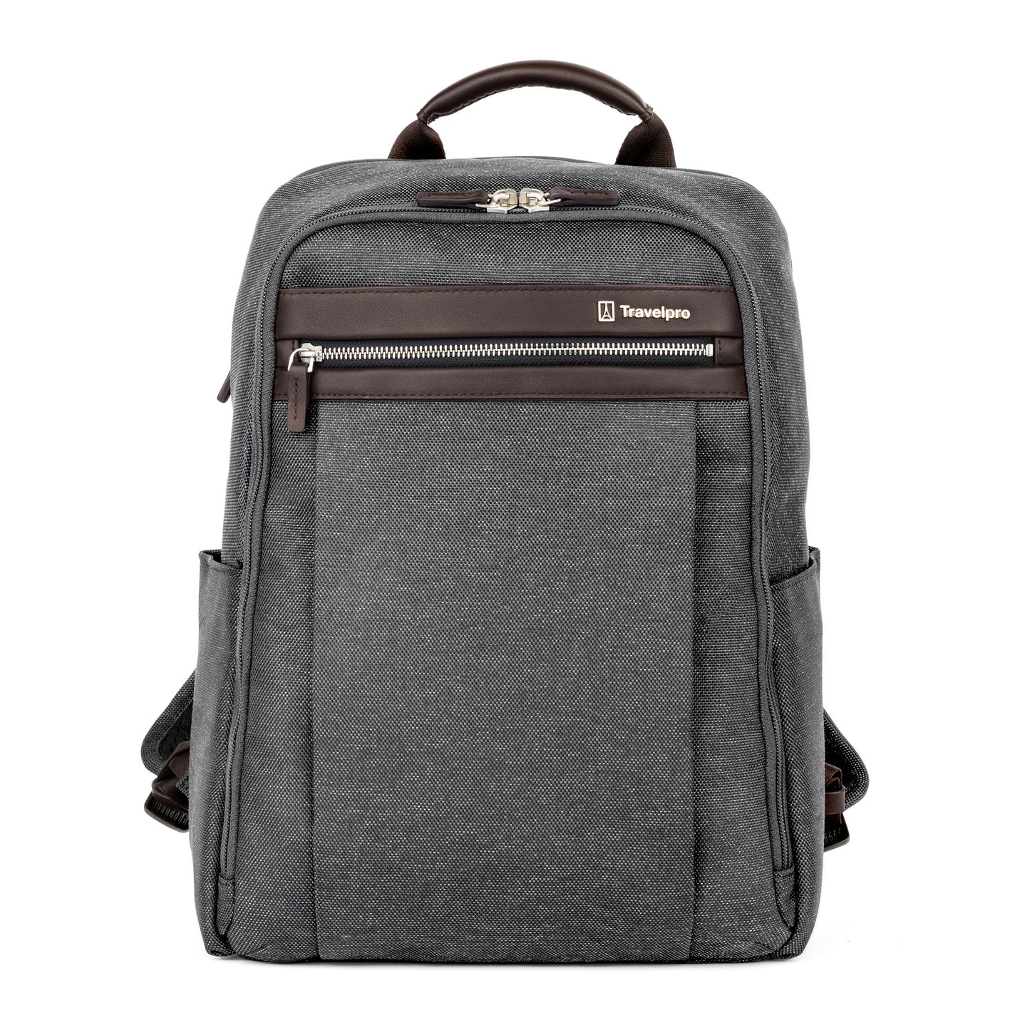 Travelpro® Platinum® Elite Slim Backpack, vintage grey with brown leather details, front view