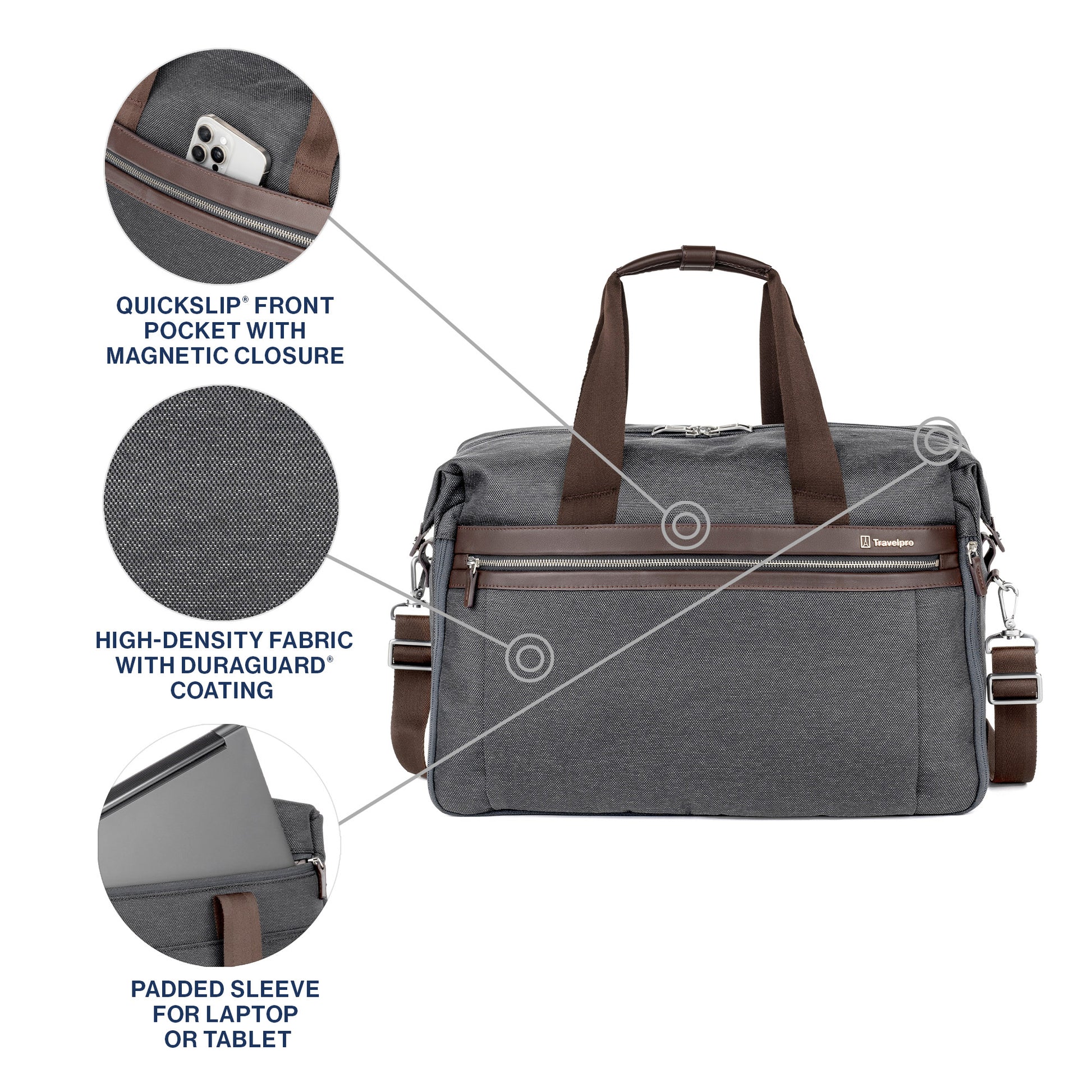 Travelpro® Platinum® Elite Soft Duffle, vintage grey with brown leather details, front view with pop out close ups of the quickslip front pocket, fabric texture, and padded laptop sleeve