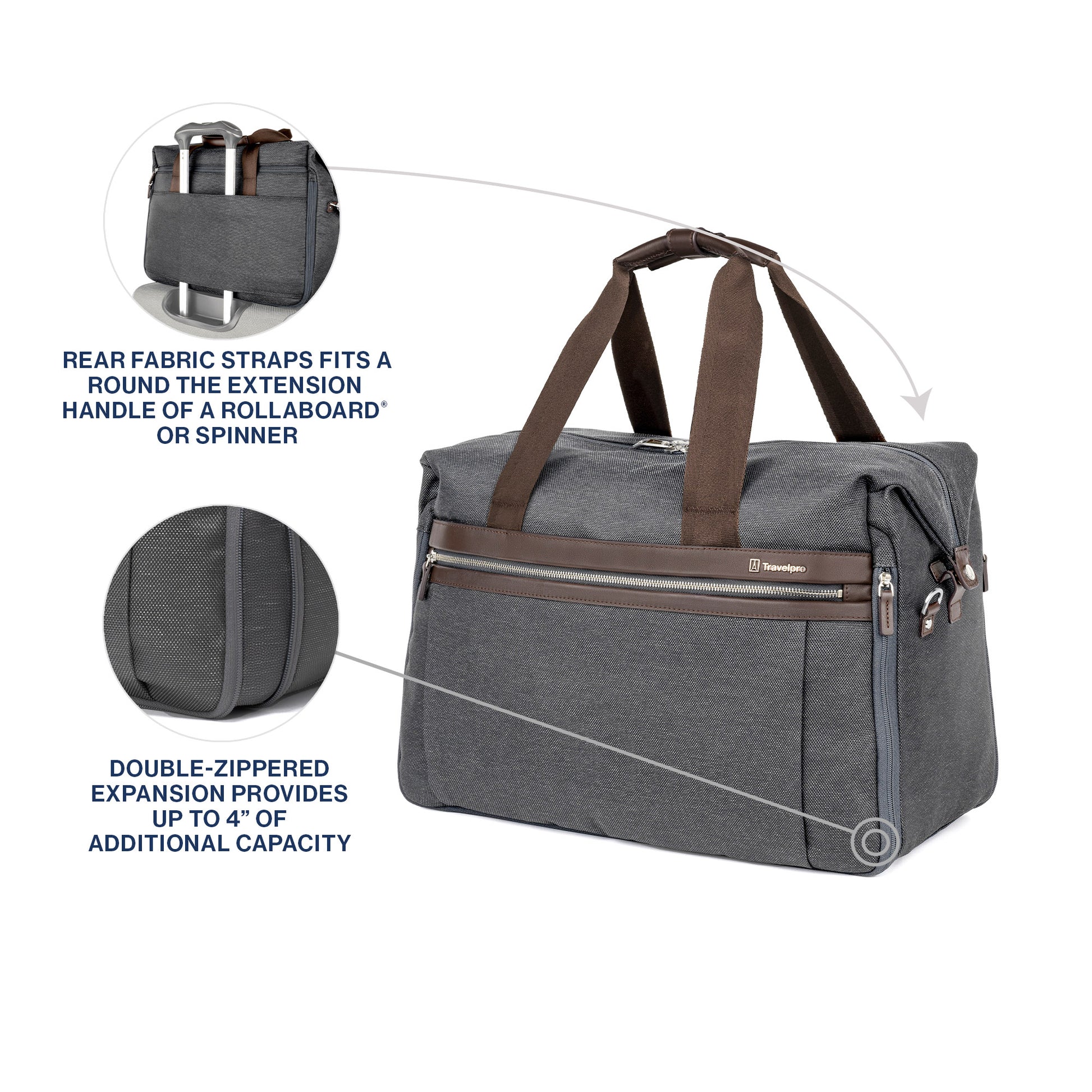 Travelpro® Platinum® Elite Soft Duffle, vintage grey with brown leather details, front angled view with pop out close ups of the rear luggage strap, and double-zippered expansion feature