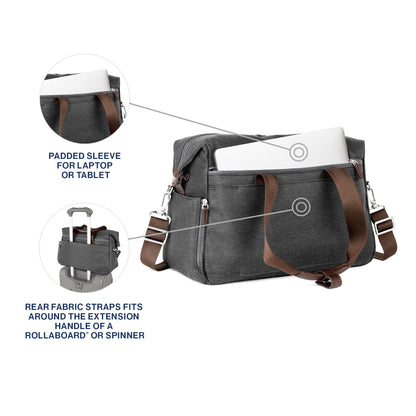 Travelpro® Platinum® Elite UnderSeat Tote, vintage grey with brown leather details, back angled view with pop out close ups of the padded laptop sleeve and rear luggage strap