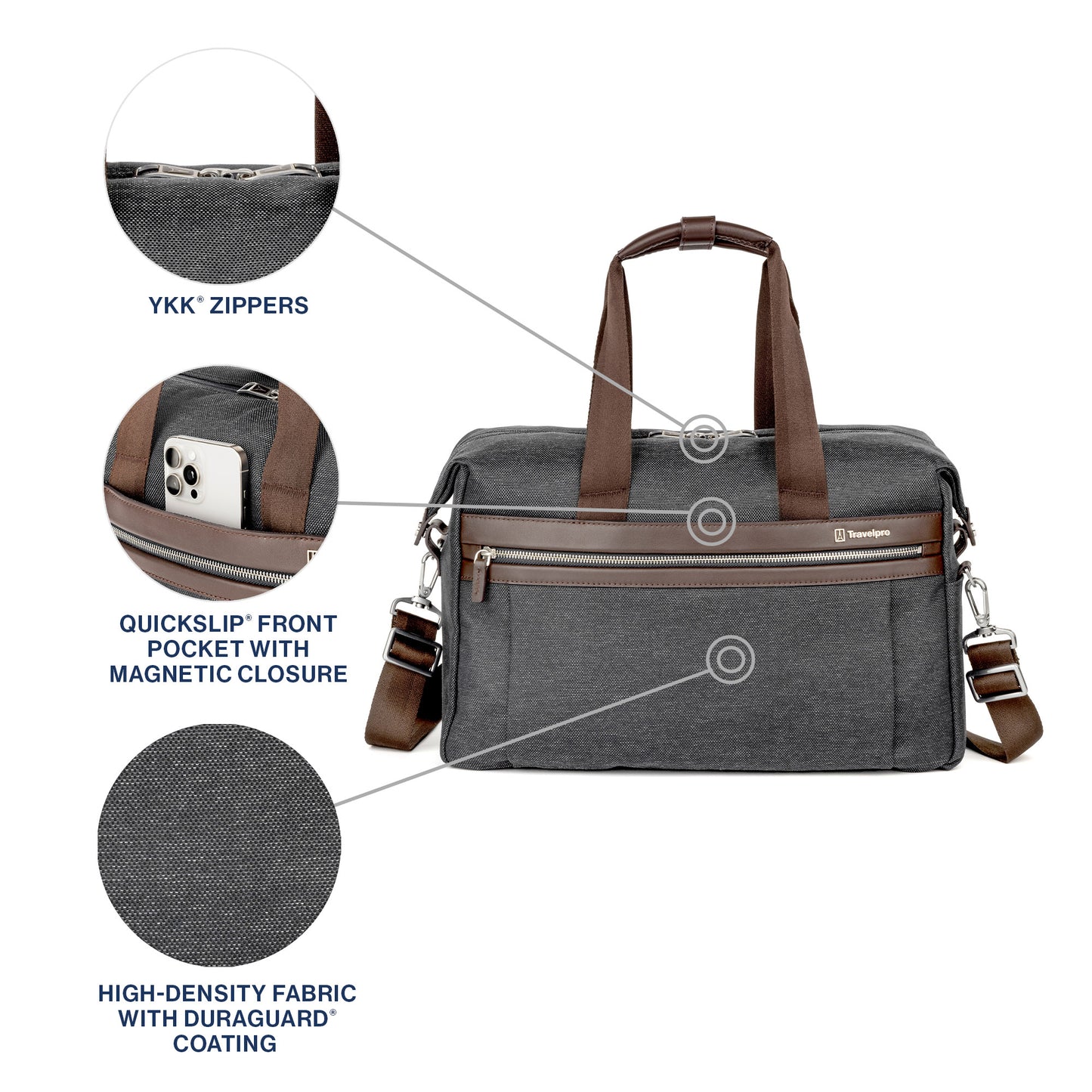 Travelpro® Platinum® Elite UnderSeat Tote, vintage grey with brown leather details, front view with pop out close ups of YKK zippers, quickslip front pocket, and fabric texture