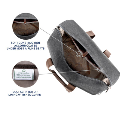 Travelpro® Platinum® Elite UnderSeat Tote, vintage grey with brown leather details, top open view with pop out close ups of soft construction and recycled interior lining