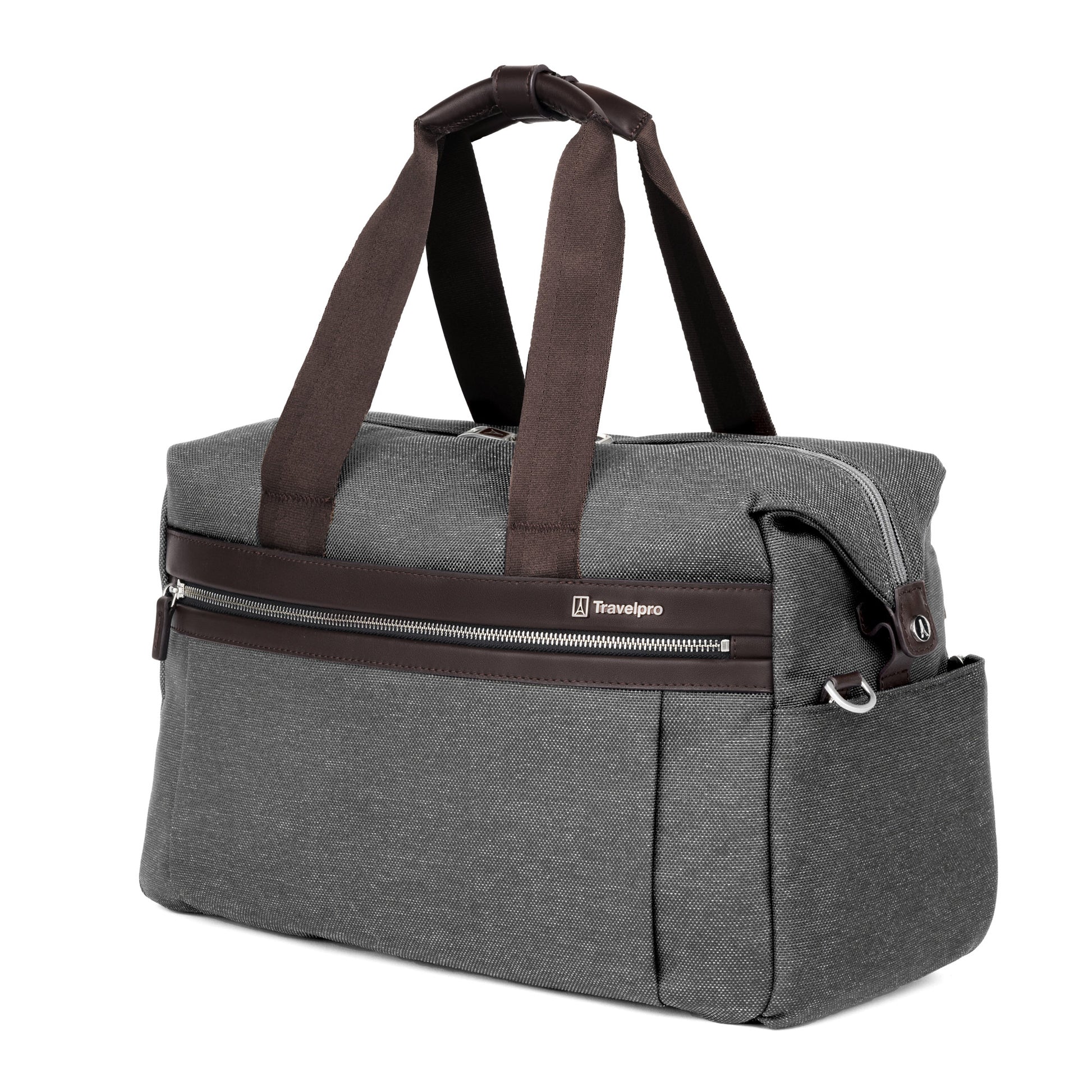 Travelpro® Platinum® Elite UnderSeat Tote, vintage grey with brown leather details, front angled view