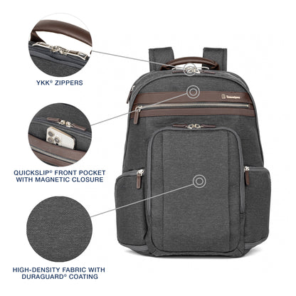 Travelpro® Platinum® Elite Business Backpack, front view with pop out close ups of YKK zippers, quickslip front pocket, and fabric texture