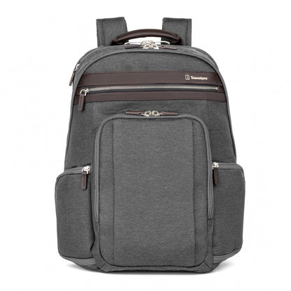 Travelpro® Platinum® Elite Business Backpack, vintage grey with brown leather details, front view