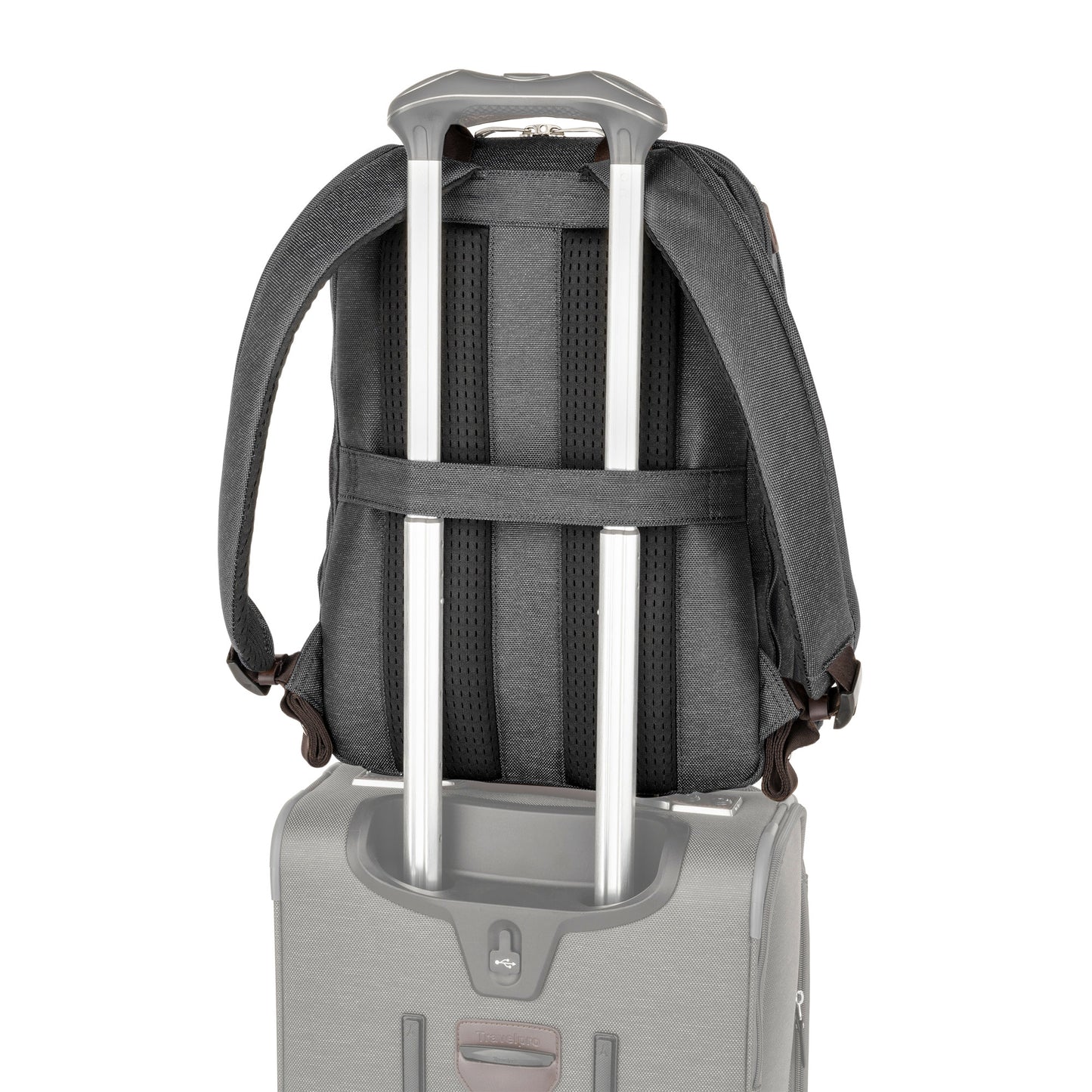 Travelpro® Platinum® Elite Business Backpack, vintage grey, back view, with luggage strap around the telescopic handle of a suitcase