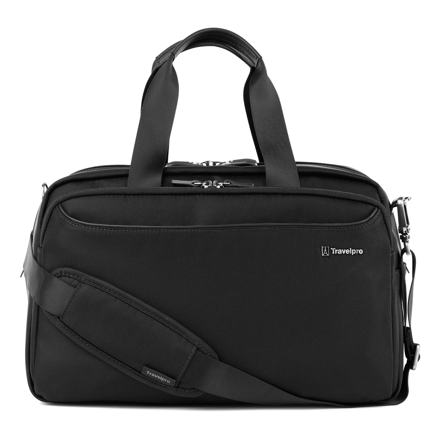 Black Travelpro® VersaPack®+ UnderSeat Tote with top handles, front zip pocket, and detachable strap.