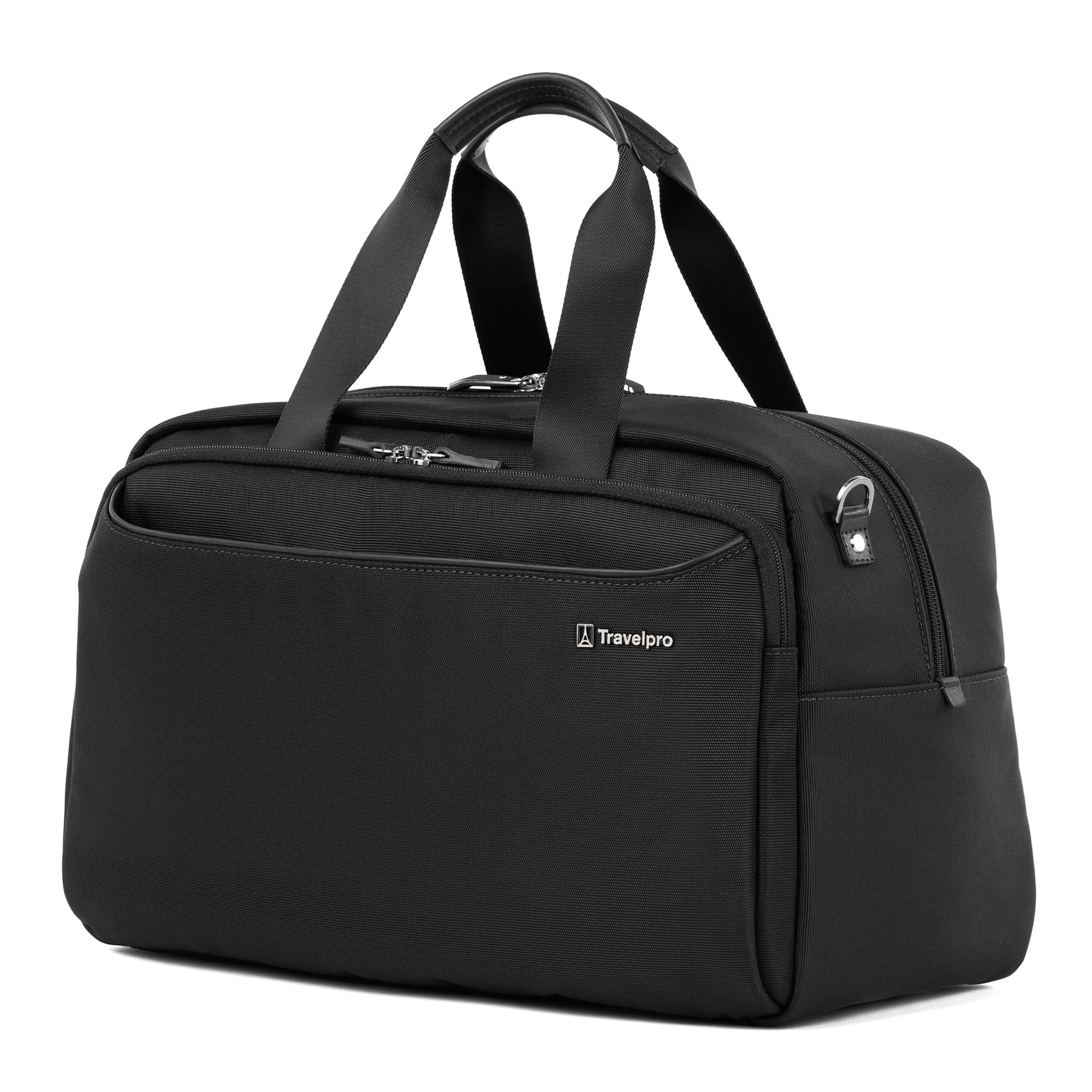 Black Travelpro® VersaPack®+ UnderSeat Tote with two handles and zip compartments, shown on white.