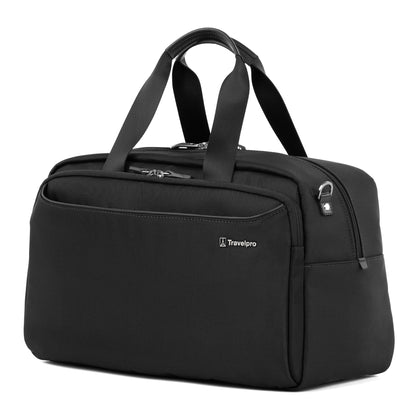 Black Travelpro® VersaPack®+ UnderSeat Tote with two handles and zip compartments, shown on white.