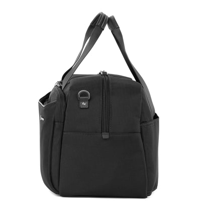 Travelpro VersaPack+ UnderSeat Tote in black with dual handles, zipper closure, and side pockets.