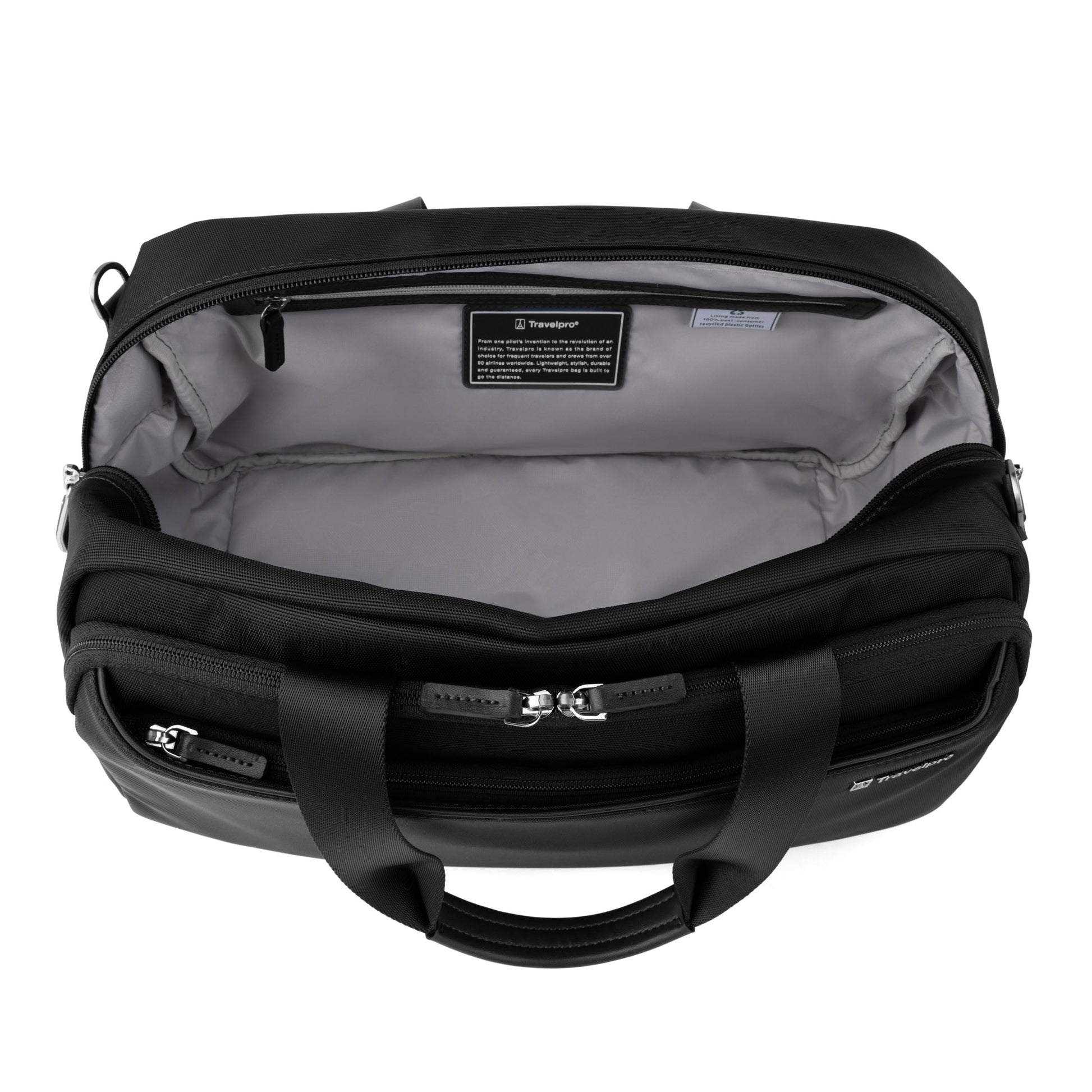 The Travelpro® VersaPack®+ UnderSeat Tote is a black tote with a handle, perfect for travel.