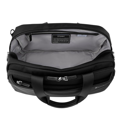 The Travelpro® VersaPack®+ UnderSeat Tote is a black tote with a handle, perfect for travel.