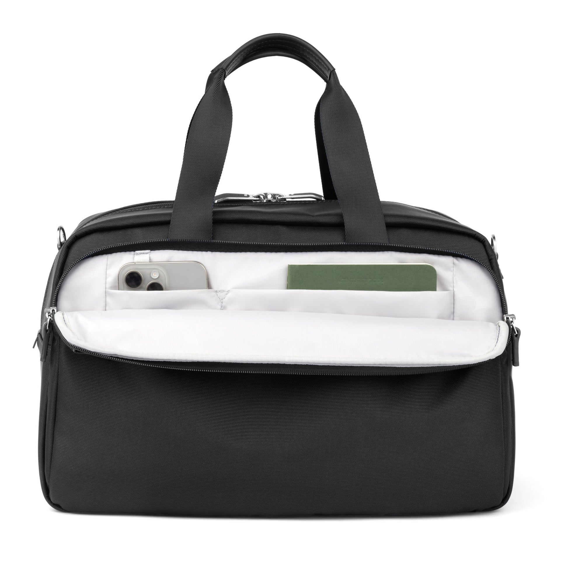 Travelpro VersaPack+ UnderSeat Tote, front zip pocket open—perfect personal item for essentials.