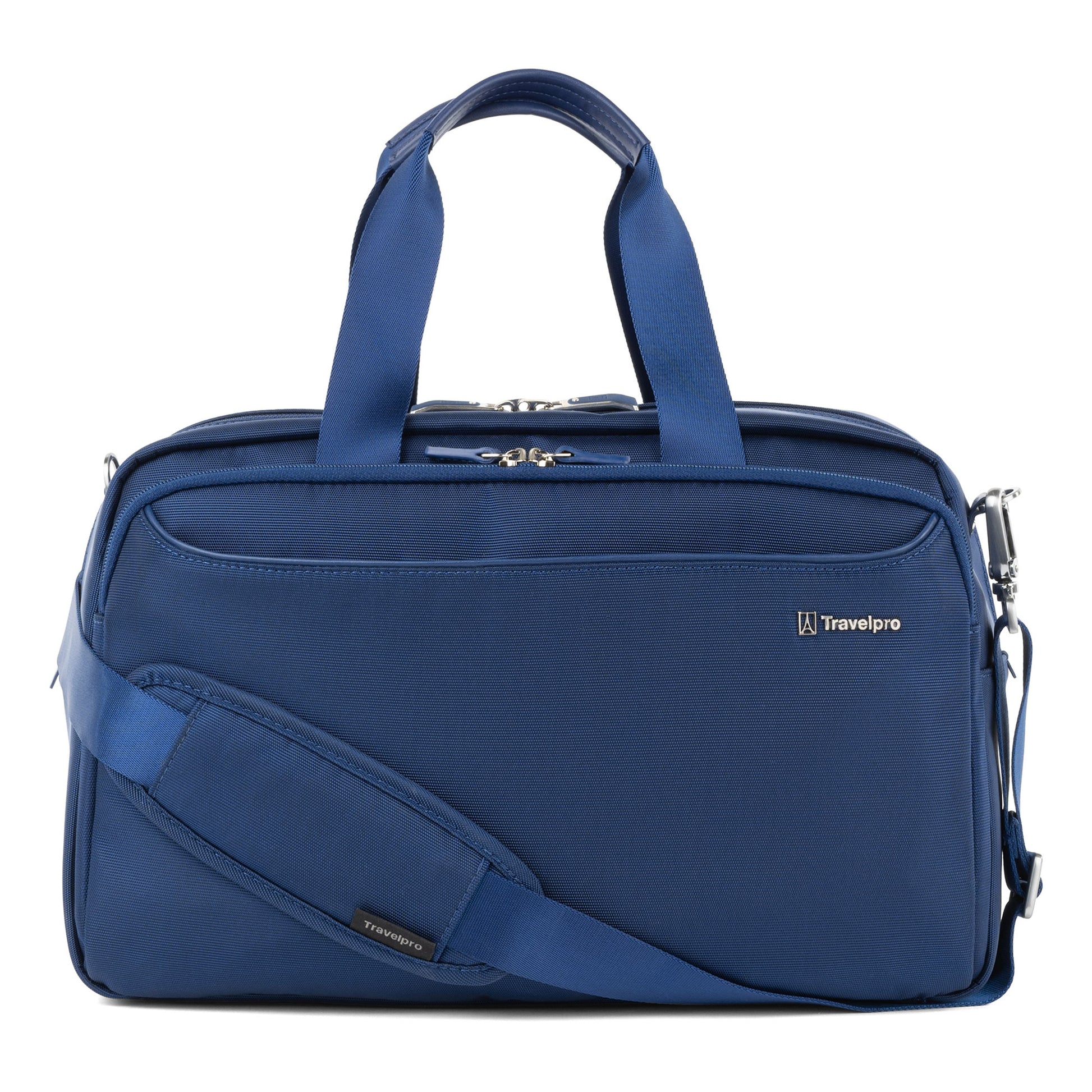 Travelpro® VersaPack®+ UnderSeat Tote in blue, with top handles and an adjustable strap, shown on white.