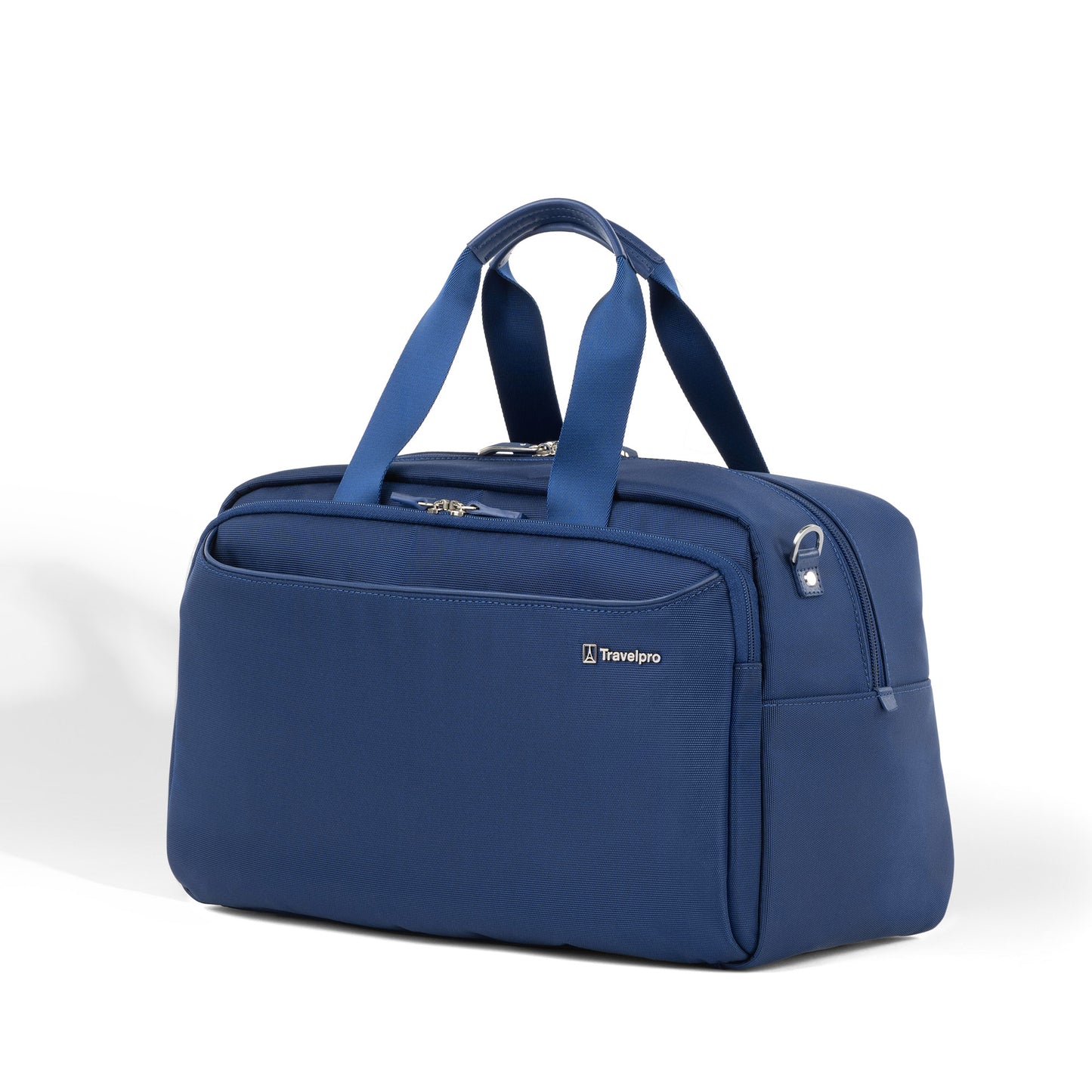 A blue Travelpro® VersaPack®+ UnderSeat Tote with dual handles and front zip pocket on a white background.