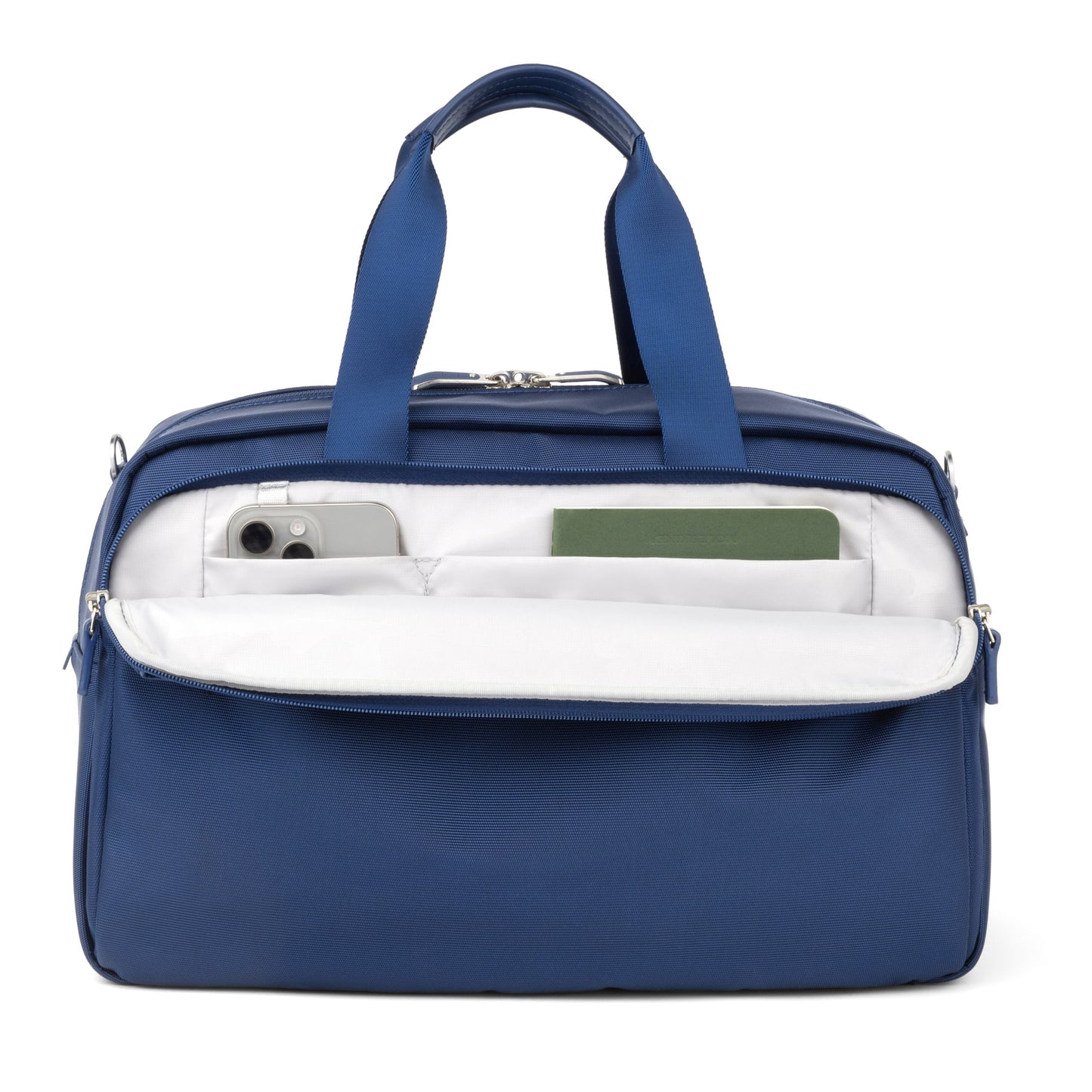 The Travelpro® VersaPack®+ UnderSeat Tote in blue has an open pocket showing a smartphone and green notebook.