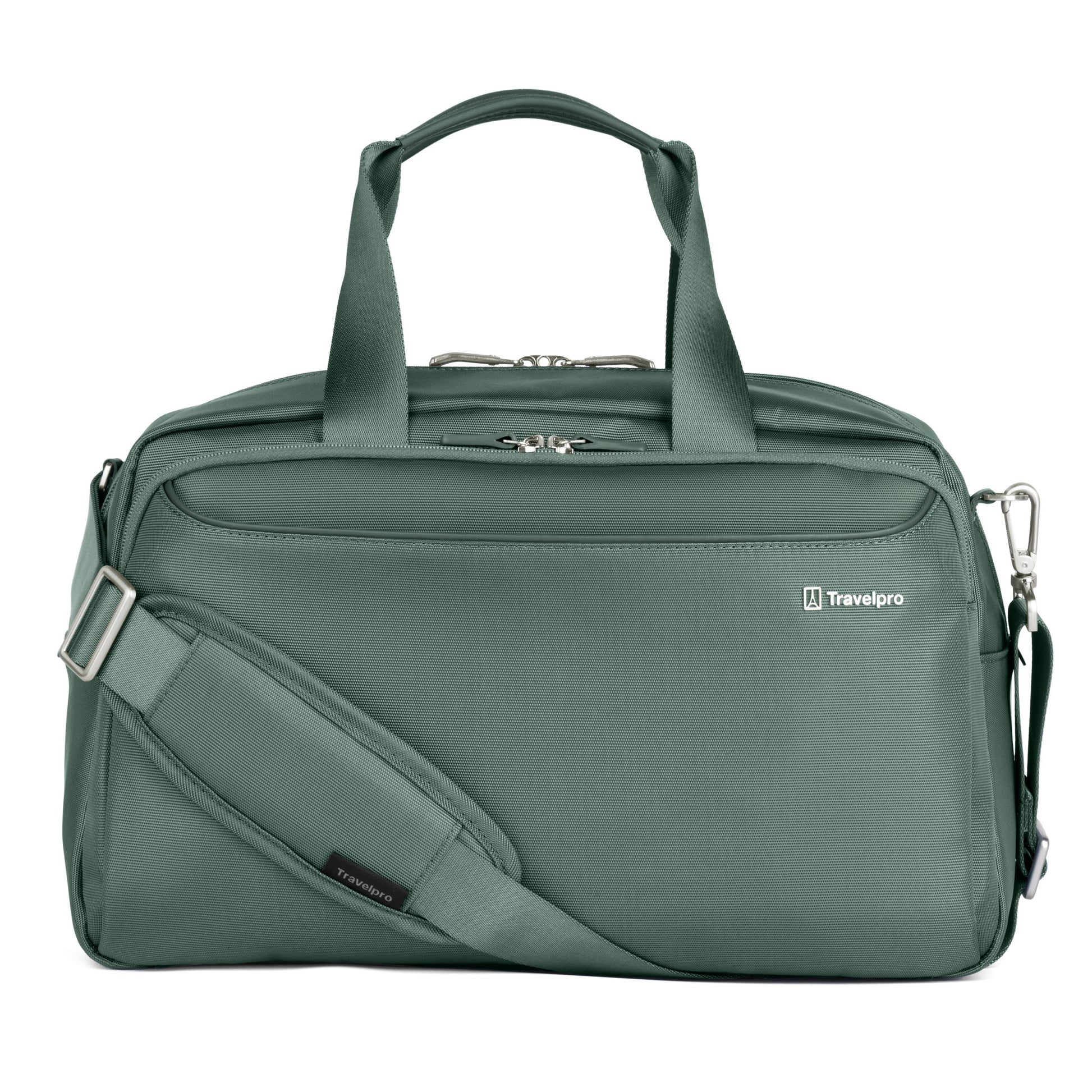 A green Travelpro® VersaPack®+ UnderSeat Tote with strap and handles, shown on a white background.