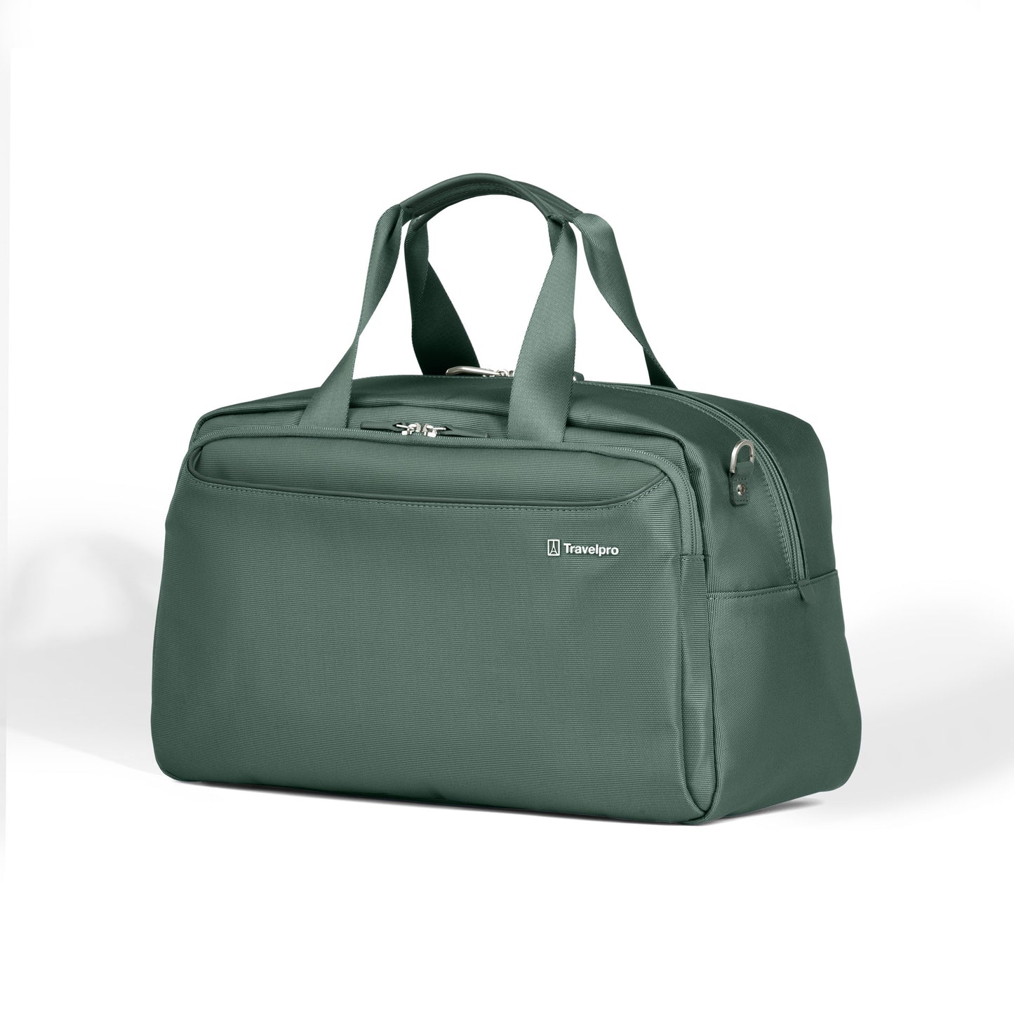 A green Travelpro® VersaPack®+ UnderSeat Tote, eco-friendly, with zippered compartments, on white background.