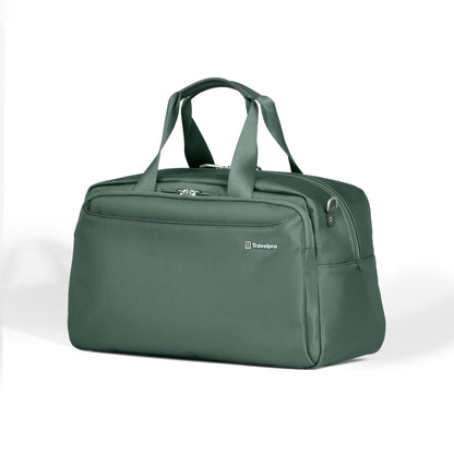 A green Travelpro® VersaPack®+ UnderSeat Tote, eco-friendly, with zippered compartments, on white background.