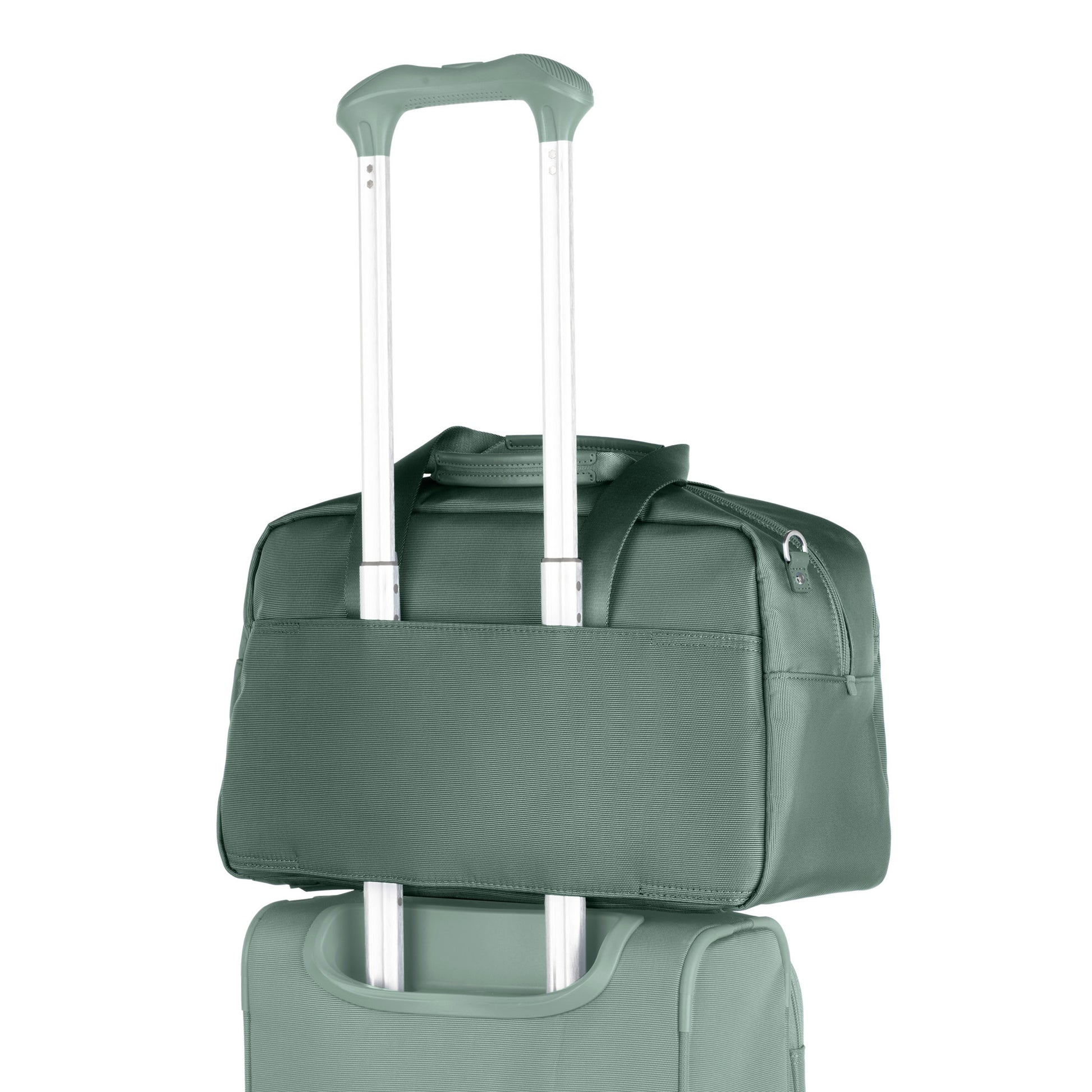 The Travelpro® VersaPack®+ UnderSeat Tote secures to luggage handles with a built-in sleeve for easy travel.