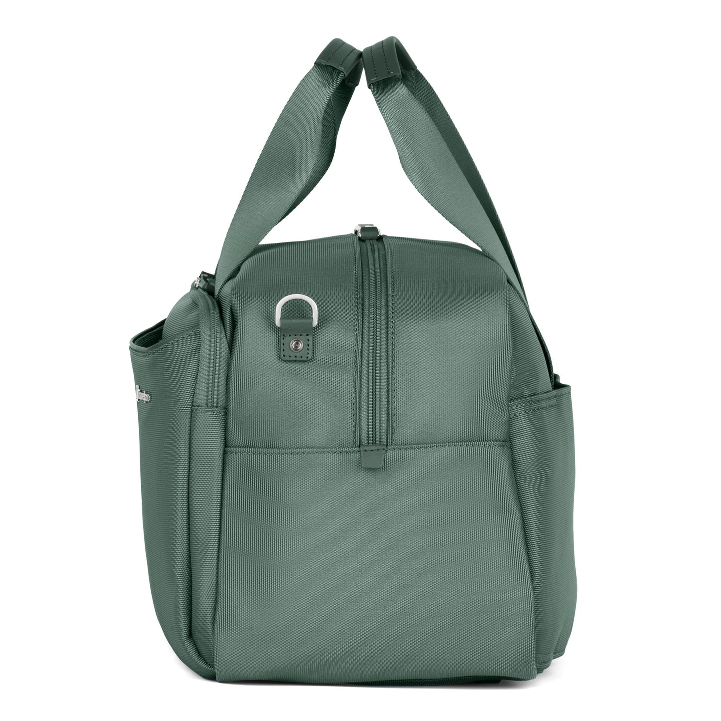 The Travelpro® VersaPack®+ UnderSeat Tote is green, with two handles, pockets, and a metal loop near the top.
