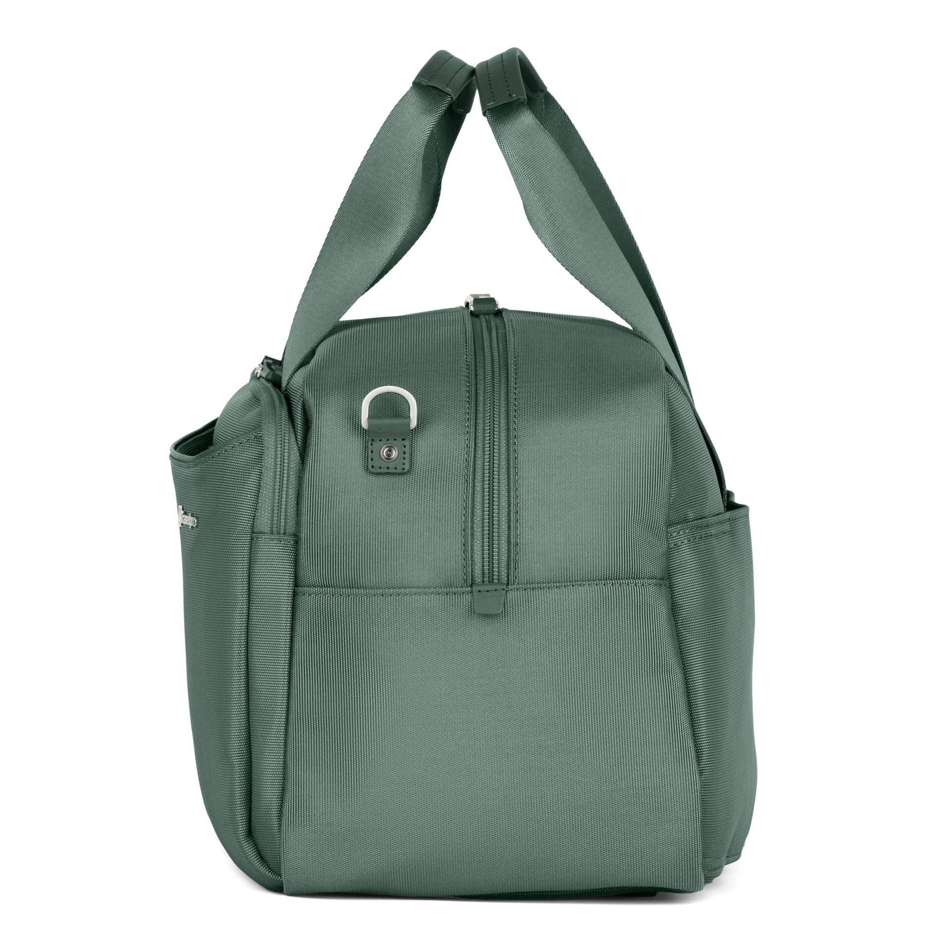 The Travelpro® VersaPack®+ UnderSeat Tote is green, with two handles, pockets, and a metal loop near the top.