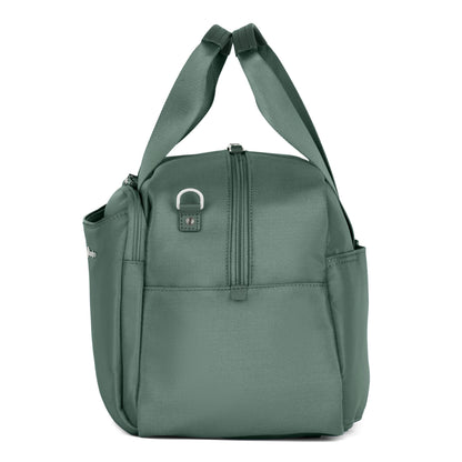 The Travelpro® VersaPack®+ UnderSeat Tote is green, with two handles, pockets, and a metal loop near the top.