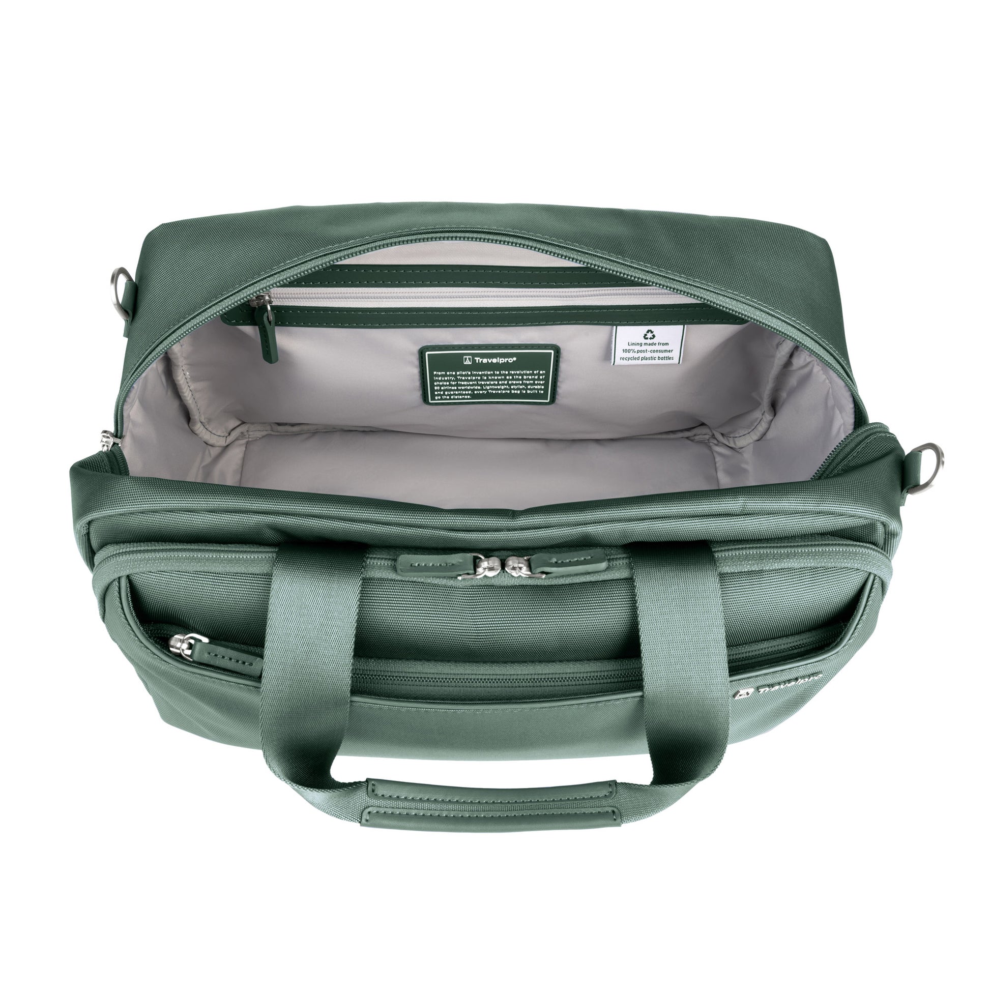 Top view of Travelpro® VersaPack®+ UnderSeat Tote showing light gray interior and inner zip pocket.