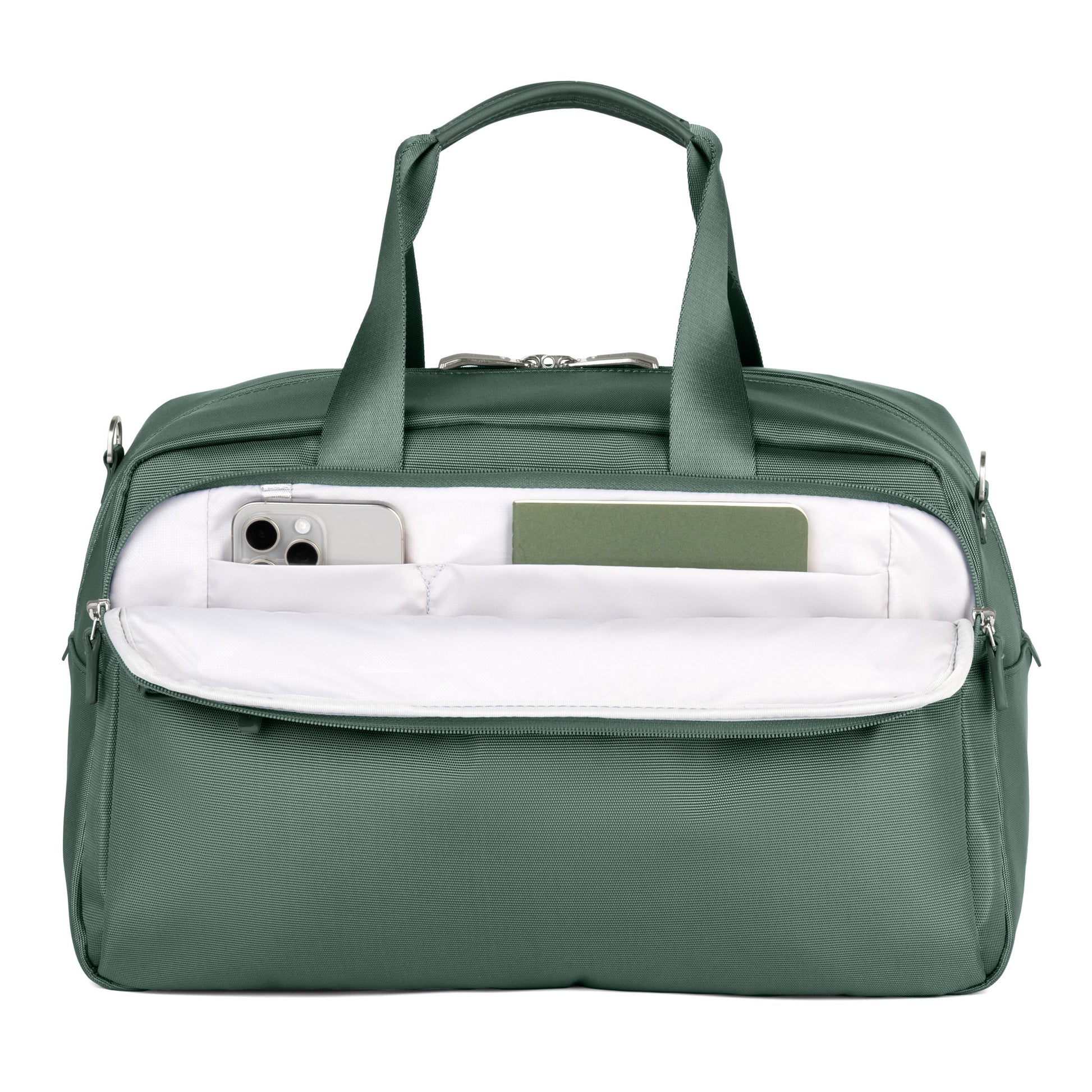 Travelpro® VersaPack®+ UnderSeat Tote in green with front pocket open, displaying a smartphone and notebook.