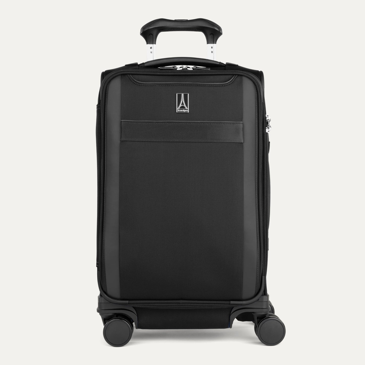 Travelpro® VersaPack®+ Carry-on Expandable Spinner, black, four wheels, telescoping handle, shown upright.