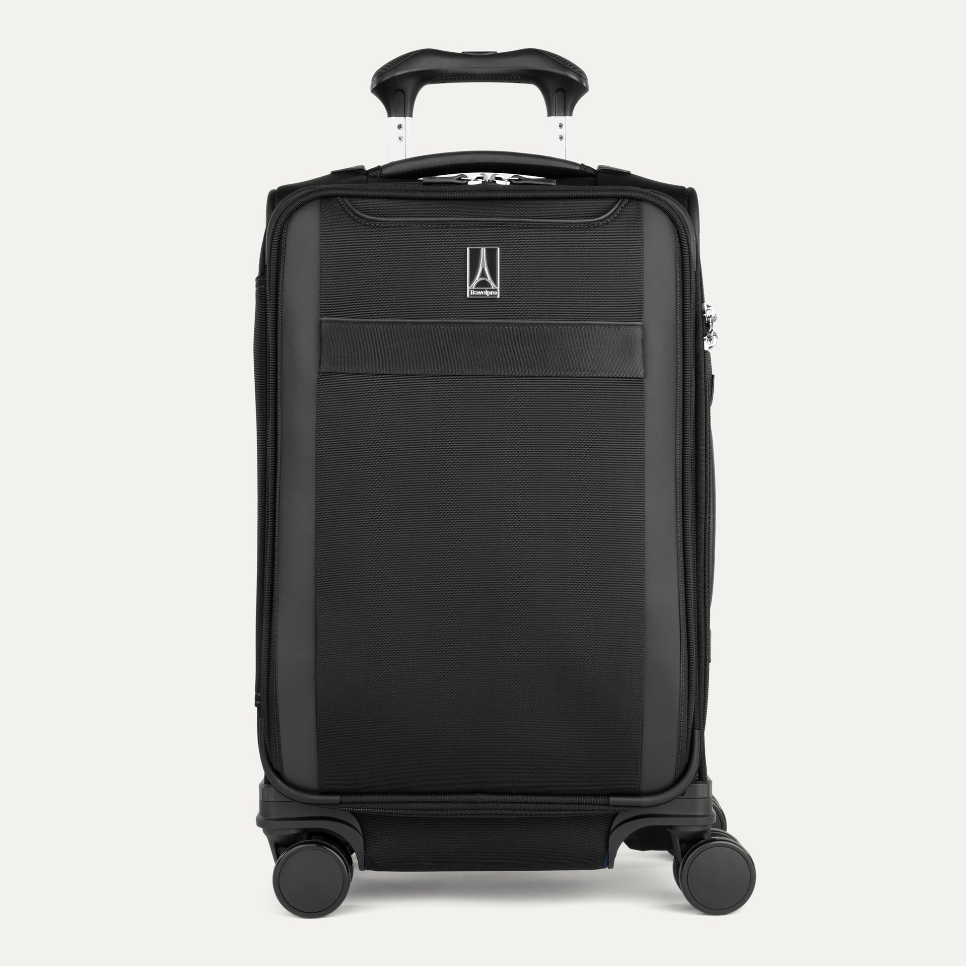 Travelpro® VersaPack®+ Carry-on Expandable Spinner, black, four wheels, telescoping handle, shown upright.